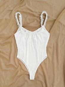 Soleia Pink Knit Textured Romantic Lace Ruffle Edge Casual Vacation Retro Bodysuit For Women