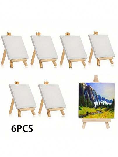 10 Packs Mini Canvas And Easel Set Mini Canvas Panels Mini Wood Easels, Canvas Size Is 4"" X 4""; Easel Size Is 3.1"" X 5.9"" For Kids Painting, Oil Painting And Diy Doodle, Christmas Gift Back To School,Back To School,School Supplies