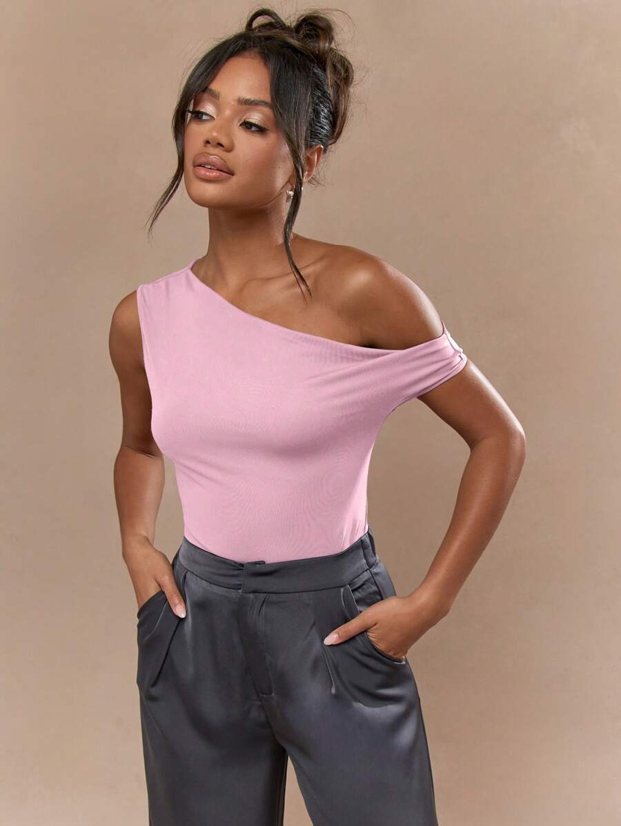 MISSGUIDED 单肩紧身连体裤形式合身球衣针织派对俱乐部夜间外出舞蹈休闲夏季春季无袖基本必备多功能 - 淺粉色 - 查看 1
