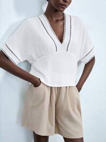 Lumivelle Women's Solid Color Contrast Lace Batwing Short Sleeve Casual Shirt