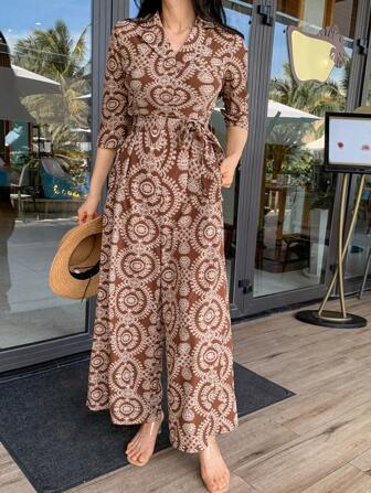 DAZY Women's Vacation Floral Print 3/4 Sleeve Palazzo Jumpsuit, Casual