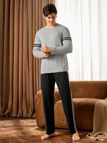 Manfinity Underwear&Sleepwear Basics Pijama superior de manga larga con rayas de contraste para hombre