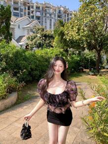 DAZY 女士甜美设计系带蝴蝶结碎花网纱泡泡袖露脐上衣度假风 - 彩色 - 查看 7