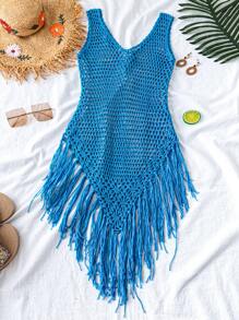 SHEIN Swim Women's Vacation Solid Color Hollow Hem Sleeveless Cover Up, For Summer Beach