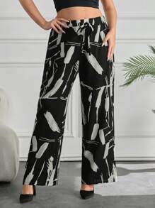 SHEIN Cottnline Plus Women Wide Leg Pants Allover Print With Pocket And Drawstring - Black and White - View 4