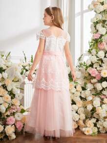 Tween Girls Embroidered Lace Round Neck Charming Ruffled Dress & Bowknot Waist Dress - Pink - View 2