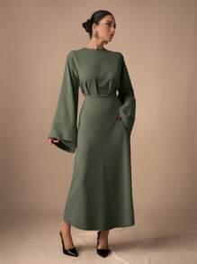 EURMUSE Women Long Sleeve Solid Color Long Dress, Casual Minimalist Fashion For Daily Wear - Olive Green - View 6
