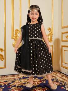 SHEIN 两件套适合年轻女孩的端庄优雅的晚礼服，黑色，带金箔印花 - 黑色 - 查看 8