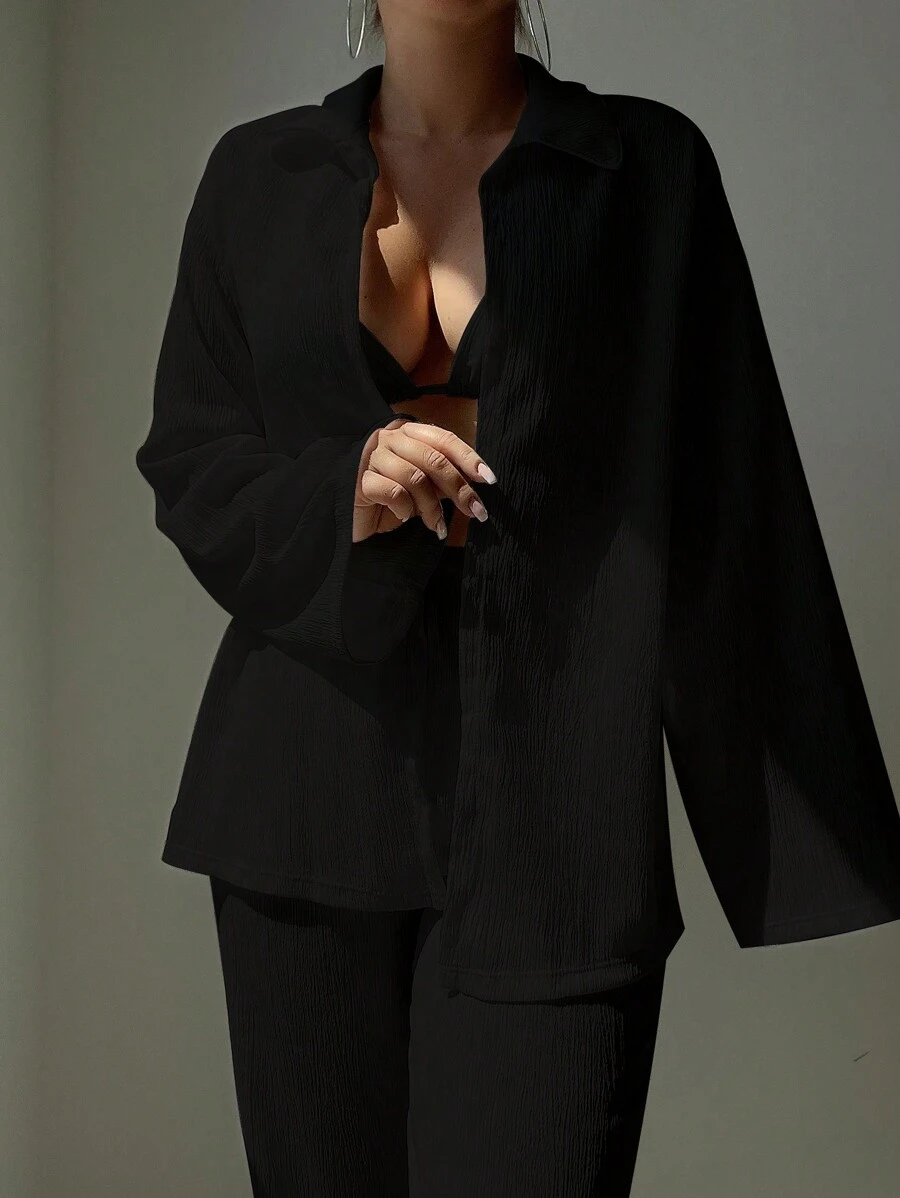 SHEIN Swim 2pcs Spring Break Set Women Solid Color Long Sleeve Turndown Collar Cover Up And High Waist Straight Leg Pants, Casual Vacation Outfit For Summer - Black - View 1