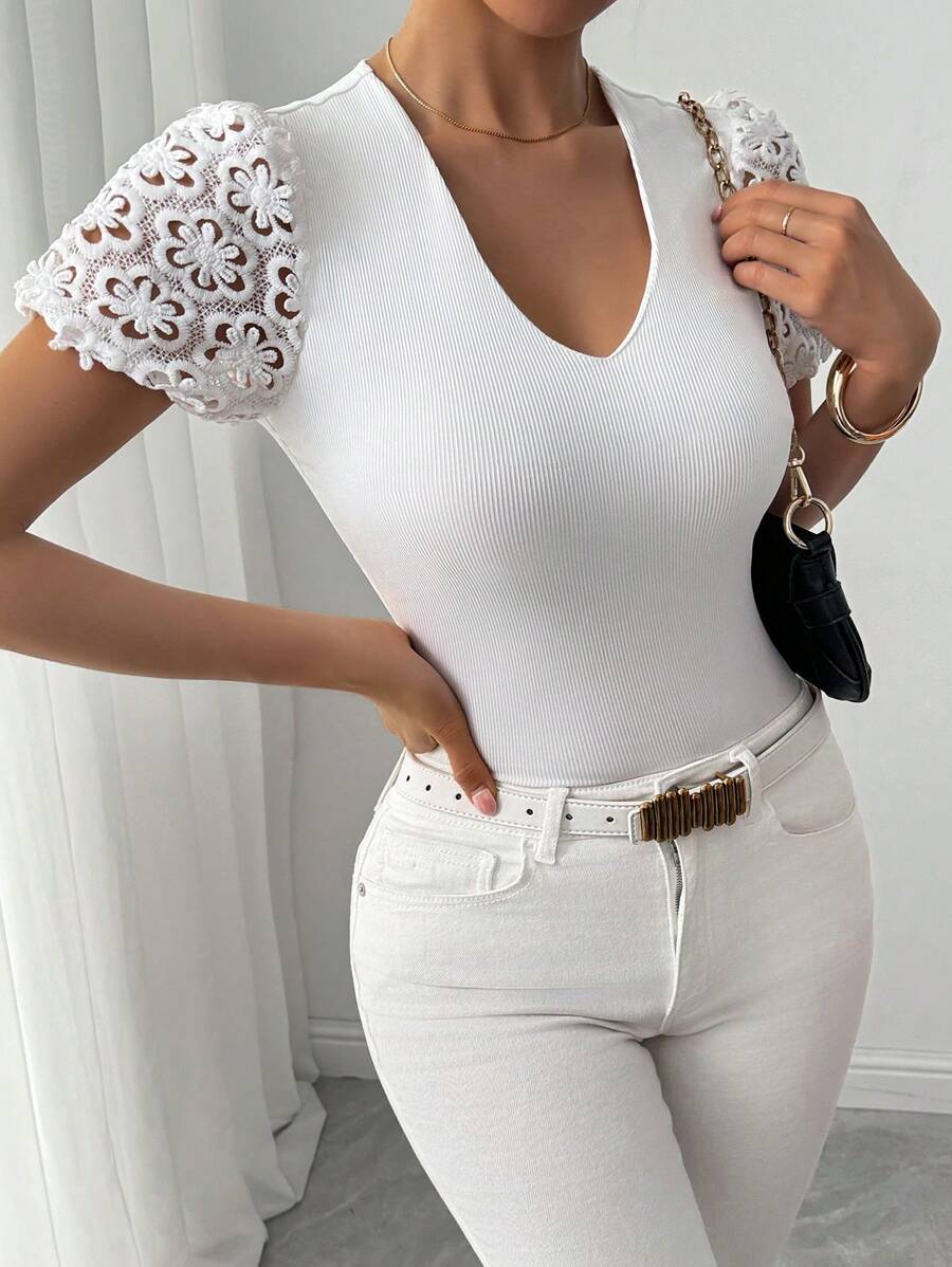Chiquease Women Crochet Crew Neck Embroidered White T-Shirt, French Design Sense With Deep V Neck Embroidery