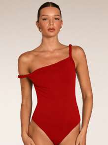 SHEIN BAE Women's Summer Solid Black Asymmetric Neckline Twist Bodysuit/ Fashionable Casual Fitted Sleeveless Bodysuit