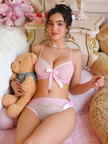 PetitDoll 2件套女士优雅蕾丝拼接无钢圈内衣文胸套装 - 淺粉色 - 查看 5