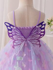 SHEIN 女婴 0-3 岁可爱 3D 蝴蝶彩色蝴蝶背面 3D 蝴蝶薄纱泡泡袖公主裙细肩带连体衣，春夏 - 紫色 - 查看 6