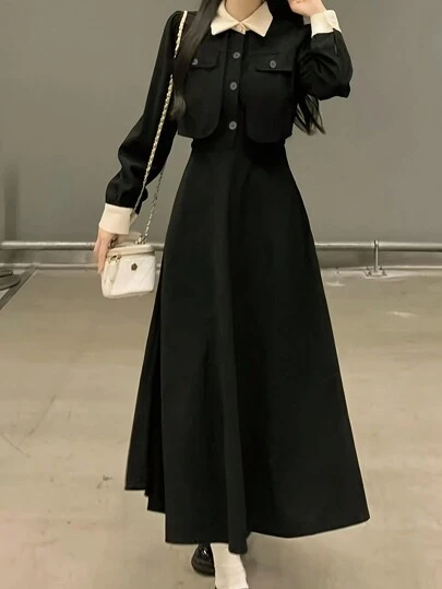 INAWLY 优雅女士标准尺码长袖休闲衬衫领连衣裙，春夏