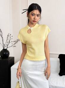 EastFlair 女士纽扣式蝙蝠翼短袖针织上衣 - 黃色 - 查看 2