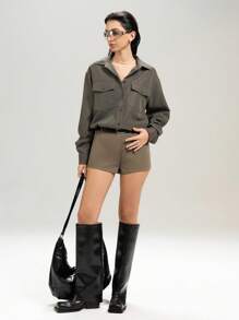 LYSMO Casual Minimalist Solid Color Low Waist Shorts - Olive Green - View 4