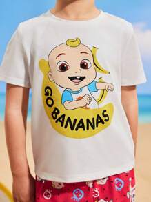 CoComelon X SHEIN Young Boy Banana Print White Simple Casual Versatile Short Sleeve T-Shirt - White - View 7