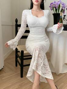 DAZY 2pcs Women Set: Lace Collar Blouse And Fishtail Skirt,Fall Women Clothes Lounge Sets For Women - Beige - View 6