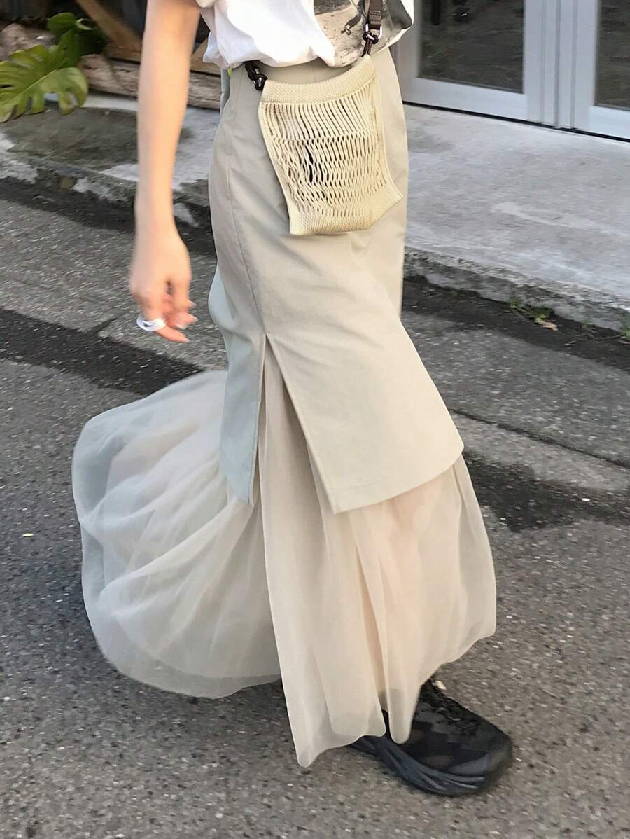 FRIFUL Women Long Mesh Patchwork A-Line Skirt Fall Skirts - Khaki - View 1