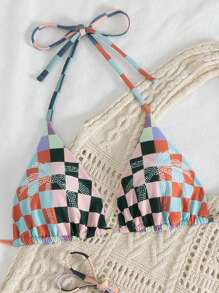 SHEIN Swim Women Plaid Coconut Tree Casual 2pcs Bikini Set For Summer Beach - Black - View 4