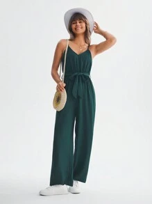 EMERY ROSE Women'S Adjustable Shoulder Strap Jumpsuit With Adjustable Drawstring Waistband - Dark Green - View 4