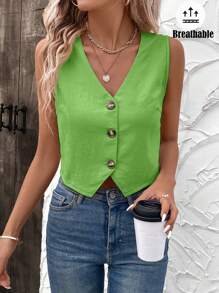 SHEIN LUNE Boho Women Clothing  Women Single-Breasted Casual Office Lady Vest Shirt - Green - View 6