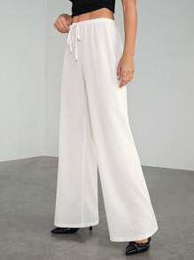 SHEIN Tall Soft White Knitted Waffle Lounge Lounge Pants, Loose Wide Leg Pants - White - View 3