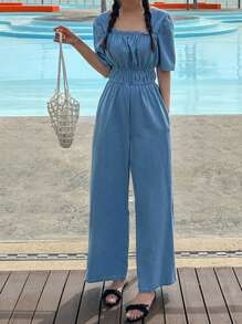 DAZY Women's Solid Color Square Neck High Waist Short Sleeve Jumpsuit Vacation - Medium Wash - View 4