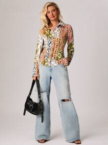 SHEIN Forever 21 春夏女士情人节/休闲/复古/节日/乡村音乐会/早午餐/返校节/复活节/宾客/茶会/基本款/音乐会女士/舞会/婚礼/狂欢节/正式/西部/鸡尾酒会/俱乐部/春季服装/生日/可爱/优雅/外出/度假/办公室/机场/2000 年代风格/街头服饰/波西米亚风印花衬衫 - 彩色 - 查看 3