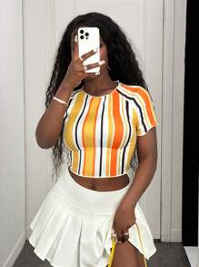 BamGleam BamGlam Fashionable Multi-Color Stripe Print Round Neck Short Sleeve T-Shirt For Women