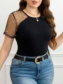 SHEIN Clasi Plus Size Beaded Decor Mesh Patchwork T-shirt met korte mouwen