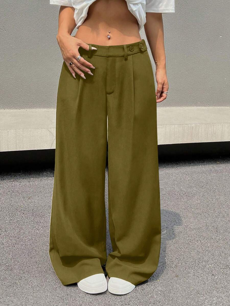 SHEIN EZwear Quần ống rộng cạp trễ màu trơn đơn giản dành cho nữ - xanh quân đội - Xem 1