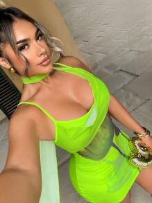 Zolique Front Belt Print Ribbon Sexy Backless Mini Bodycon Dress - Green - View 3