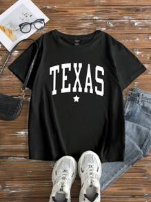 Maweii Camisetas gráficas con estampado de estrella "TEXAS" y texto en talla grande para mujer, tops de mujer de estilo sencillo