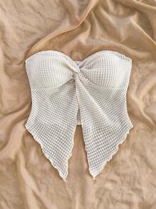 Soleia Áo crop top dệt kim gân màu mơ xoắn viền bất đối xứng cho nữ, thích hợp cho kỳ nghỉ, lễ hội âm nhạc, phong cách Bohemian, ngày lễ, hẹn hò, trà chiều - Màu be - Xem 4