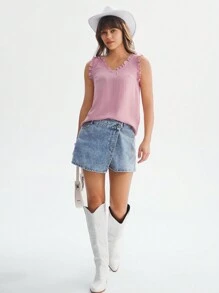 SHEIN LUNE 女式純色荷葉邊馬甲 - 藕粉色 - 查看 2