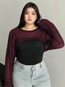Livesso Curve 大码女式长袖 T 恤黑色罩衫春夏薄款秋季女装 - 酒紅色 - 查看 3