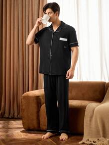Shein Underwear&Sleepwear Basics Men Colorblock Trim Short Sleeve & Long Pants Pajama Set, Casual Loungewear