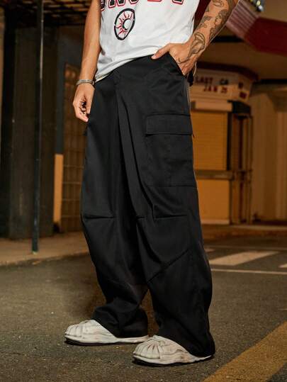 PAVTROS Manfinity Streetrush Men's Solid Color Utility Pockets Wide Leg Casual Pants Cargo Pants Men Baggy Baggy Cargo Pants Men Black Pants Men Cargo