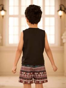 SHEIN 2pcs Geometric Print Vest And Shorts Casual Outfit Set For Young Boy