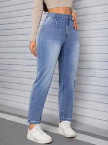 SHEIN Tall Jeans de tiro alto estilo novio desgastados para mujer, ajuste holgado y lavado vintage Y2K