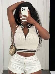 BamGleam Knitted Sleeveless Cropped Women's Sweater Vest, Standing Collar And Black And White Striped Women's Top With Diamond Zipper, Casual And Sexy Spring And Summer Women's Clothing That Meets Basic Travel Needs
