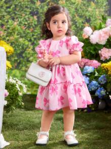 Fern Glow 女婴休闲可爱粉色蝴蝶结夏季连衣裙