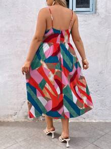 SHEIN VCAY Robe fluide avec imprimé blocs de couleurs, encolure dégagée, torsade à la taille, ourlet asymétrique, adaptée aux grandes tailles. Idéale pour les vacances à l'île, le printemps/été, la Saint-Valentin, les tenues d'été pour femmes, la plage, les vêtements d'été pour femmes, la Saint-Patrick, les tenues de printemps pour femmes, le style Ibiza - Multicolore - Voir 2