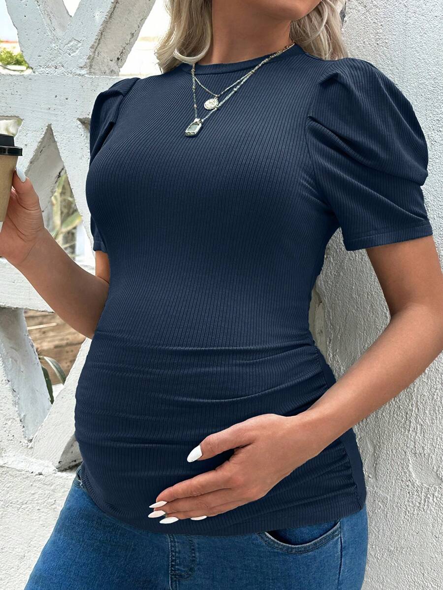 SHEIN تي شيرت أنيق جاهز للارتداء لحوامل بياقة مستديرة بلون أحادي محكم اللفافة