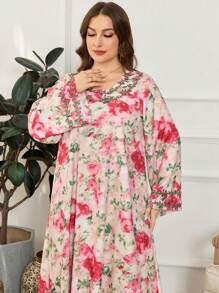 Al Najma Plus Size Arab Women's Fashionable Elegant Printed Long Robe With Long Sleeve Kaftan Jalabiya Dress - Pink - View 3