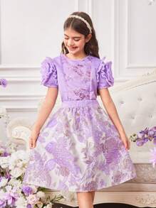 2pcs/Set Tween Girls Solid Color Patchwork 3D Floral Decor Top And Skirt - Multicolor - View 3