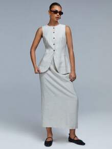 Athîral Women's Stone Button Front Line Look Waistcoat , Everyday Wear Tailoring - Apricot - View 3