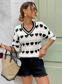 SHEIN LUNE Women's Casual V-Neck Heart Knit Sweater Top - Black and White - View 1