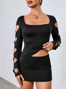 Chiquease Women's Fashion Laser Cut Heart Cutout Long Sleeve T-Shirt